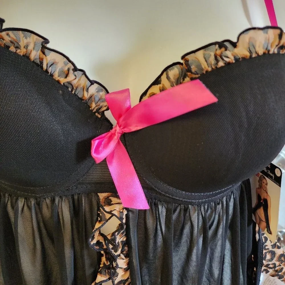 NEW Spree‎ Intimates Women's Lingerie Babydoll Open Top Woth Matching Thong Sz L